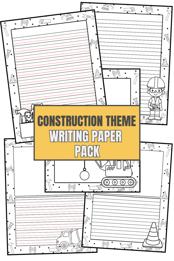 Construction themed writing paper for kids with cranes, tools, and workers. Printable blank, primary, and lined pages for writing centers.