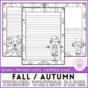 Fall writing paper for kids with autumn doodle borders, pumpkins, and scarecrows. Printable blank, primary, and narrow lined pages for writing centers.