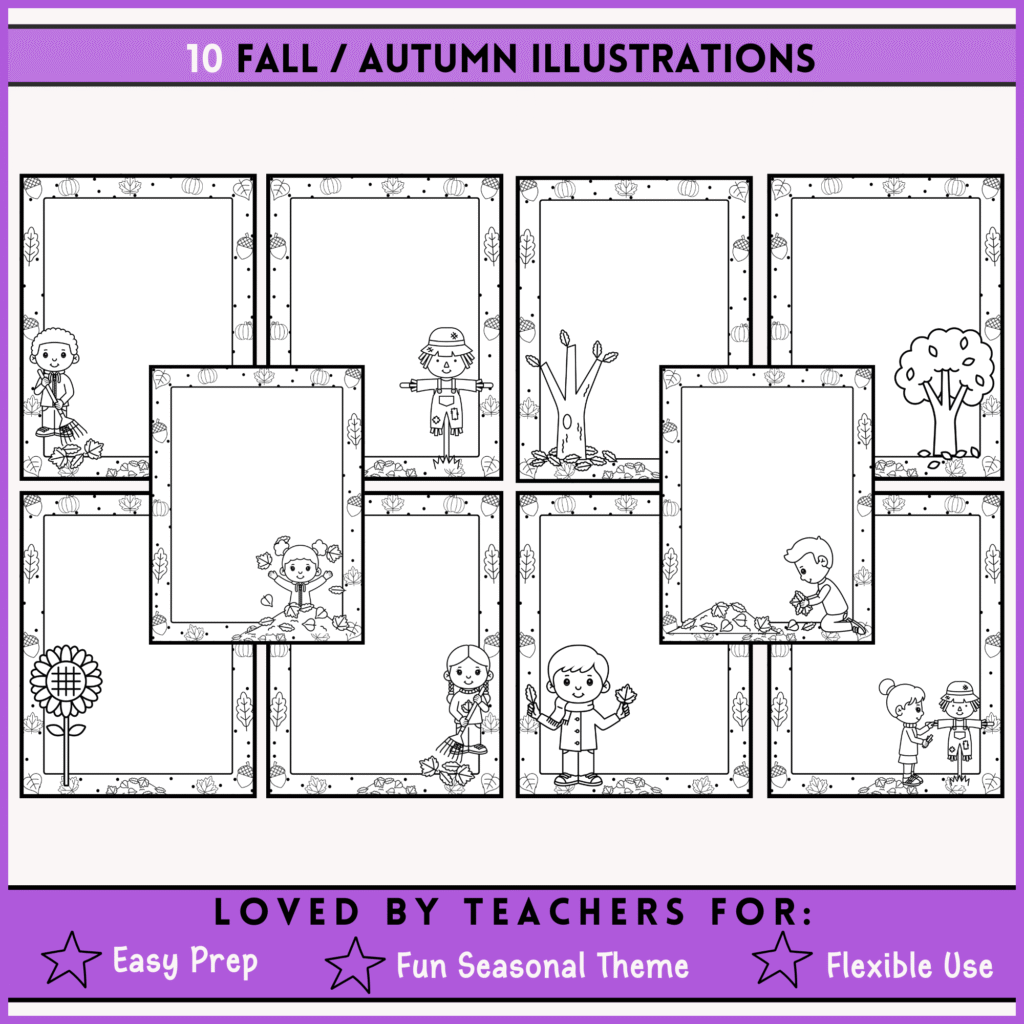 Fall themed drawing and coloring paper for kids with doodle borders featuring pumpkins, leaves, scarecrows, and autumn designs.