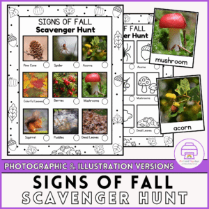 Printable Signs of Fall Scavenger Hunt activity sheet for kids with autumn illustrations