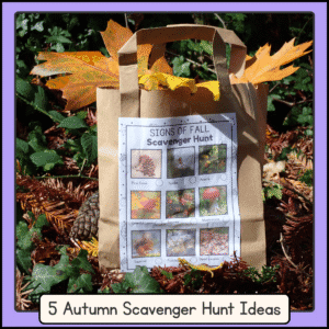 autumn scavenger hunt checklist glued to a paper bag filler with autumn nature treasures