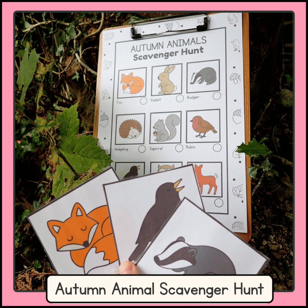 autumn animal scavenger hunt with checklist and 9 animal picture cards
