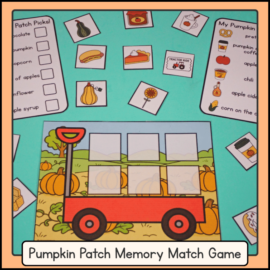 pumpkin patch memory match game with a red wagon cart, pumpkin patch shopping list and 24 fall themed item cards
