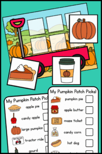 Printable Memory Game For Kids with a shopping list and pumpkin patch items to find