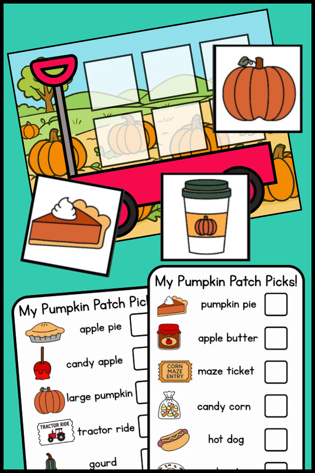 Printable Memory Game For Kids with a shopping list and pumpkin patch items to find