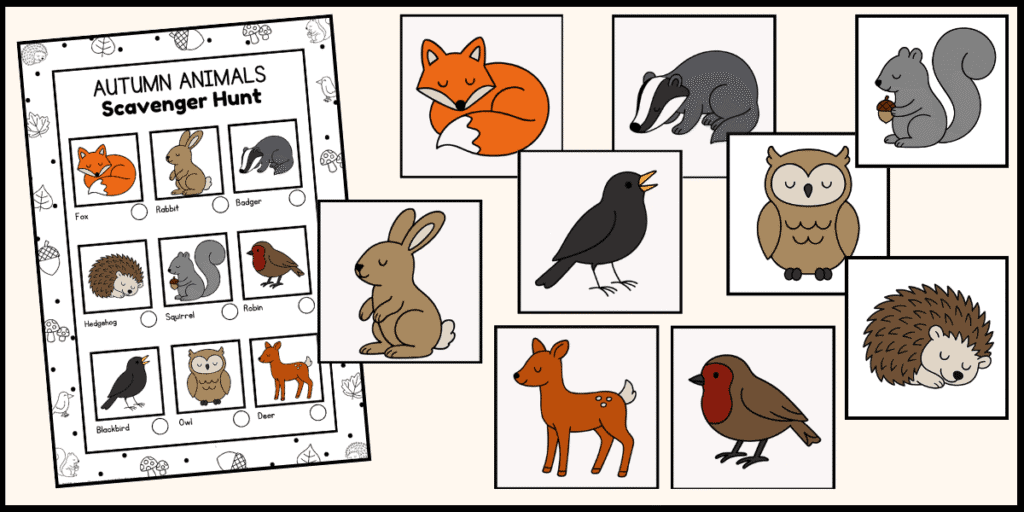printable autumn animal scavenger hunt with check list and 9 animal picture cards