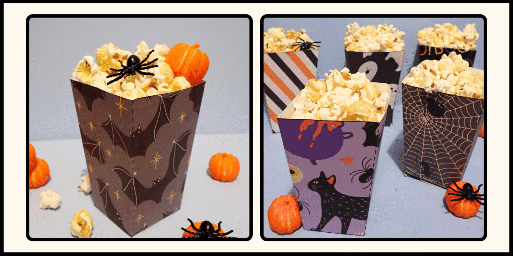 Printable Halloween popcorn boxes in 6 spooky designs.