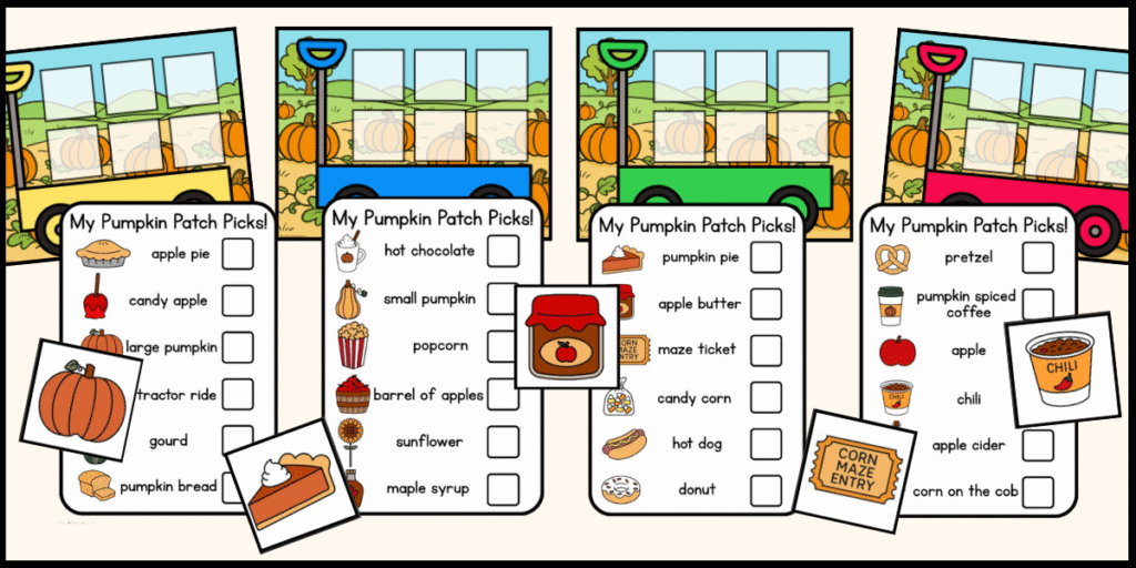 A printable fall themed pumpkin patch game for kids. With 4 wagons, 4 Pumpkin Patch shopping lists and 24 fall themed item cards