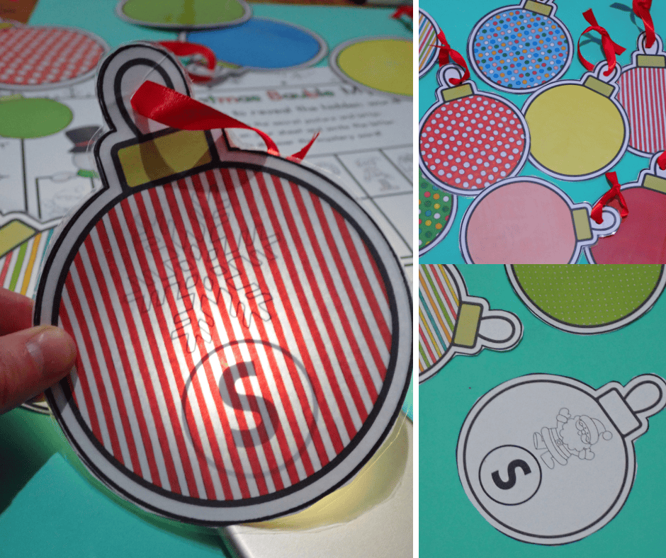 A Christmas scavenger hunt for kids using printed baubles. A torch is used to shine light underneath the bauble to reveal hidden picture and image.