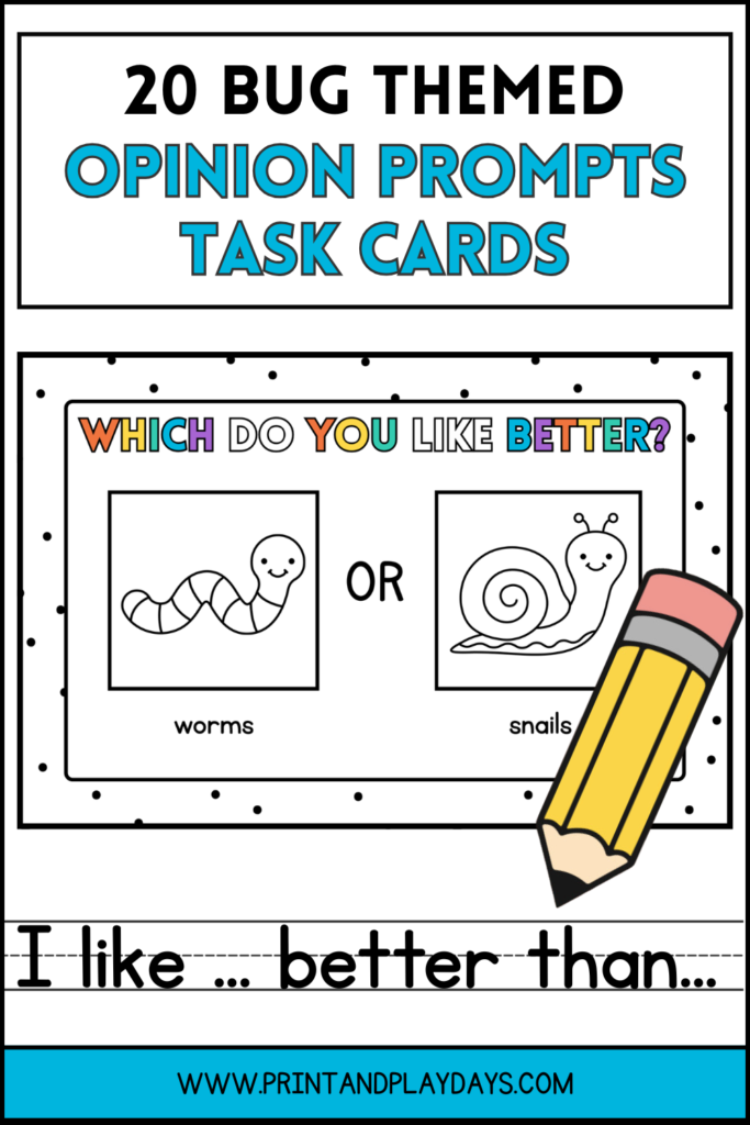 Pinterest Pin GRaphic for 20 bug themed opinion prompts task cards.