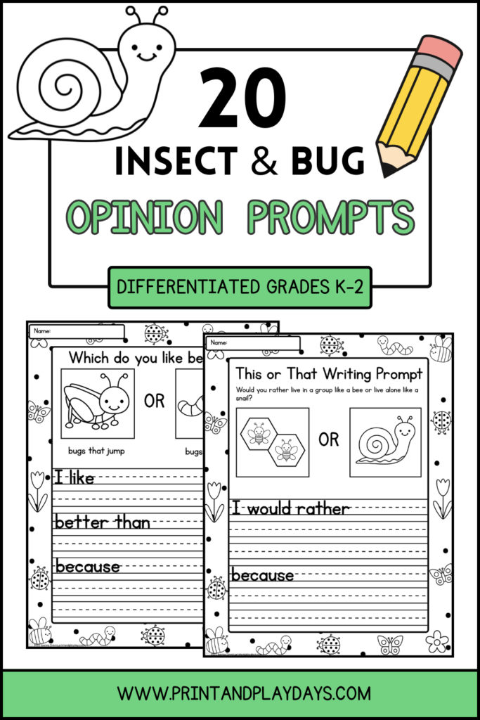 Pinterest Pin GRaphic for 20 Insect and bug opinion prompts for grades k-2