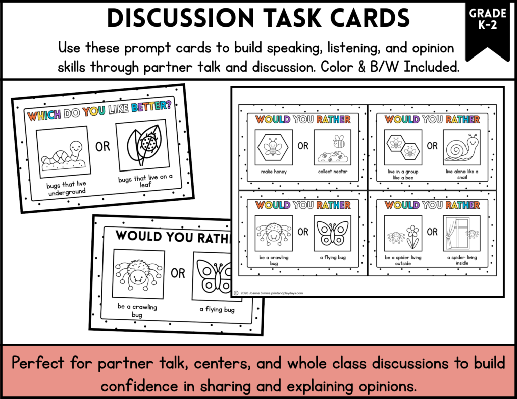 discussion task card for bug themed opinion writing, this or that prompts
