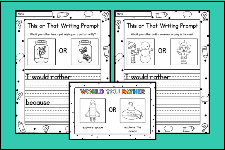 10 FREE This or That Writing Prompts for kids K-2