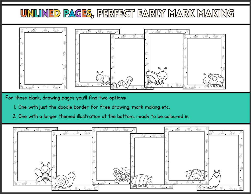 Selection of insects and bug themed writing paper for drawing and mark making