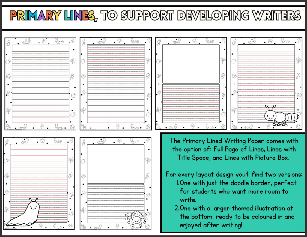 Selection of insect and bug themed writing paper with primary lines