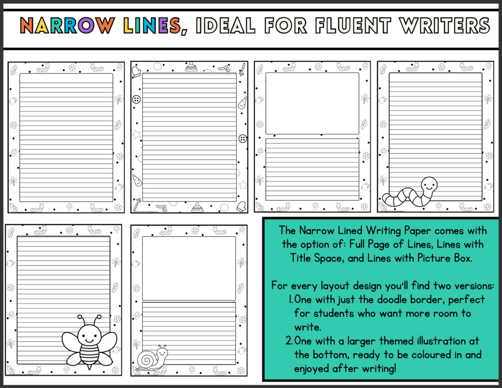 Selection of Insect and bug themed writing paper with standard lines