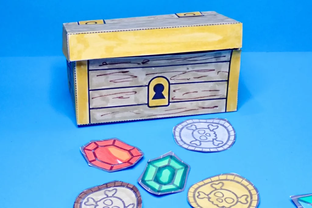 printable treasure chest craft, print cut and colour.