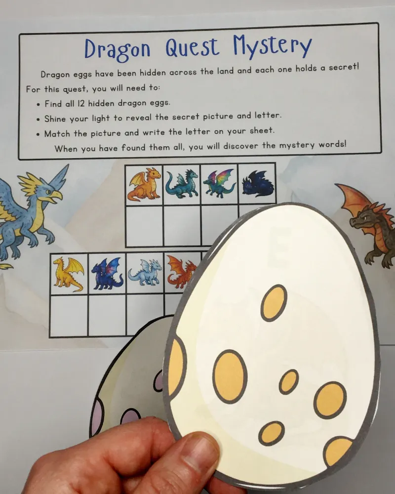 dragon scavenger hunt with a flashlight reveal. Shine a torch onto the egg to reveal an image of a dragon and a letter.