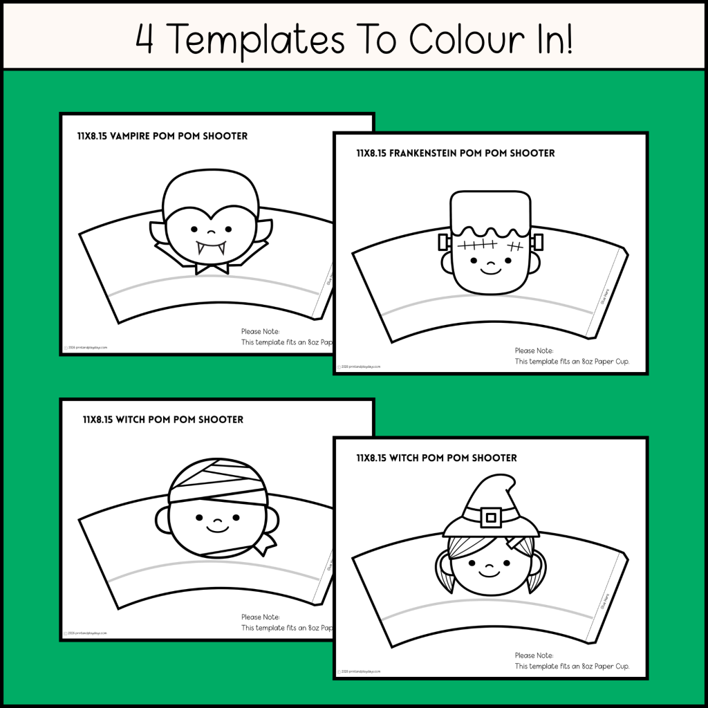 4 b/w templates for kids to colour and make a pom pom shooter for Halloween