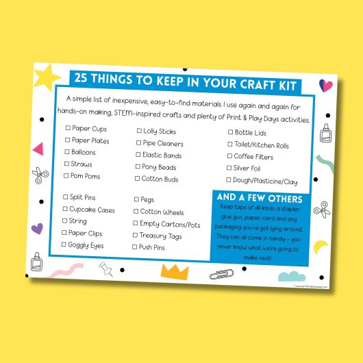 A Free Download Craft List of 25 inexpensive materials for Simple STEM Crafts and hands on activities with kids 7+